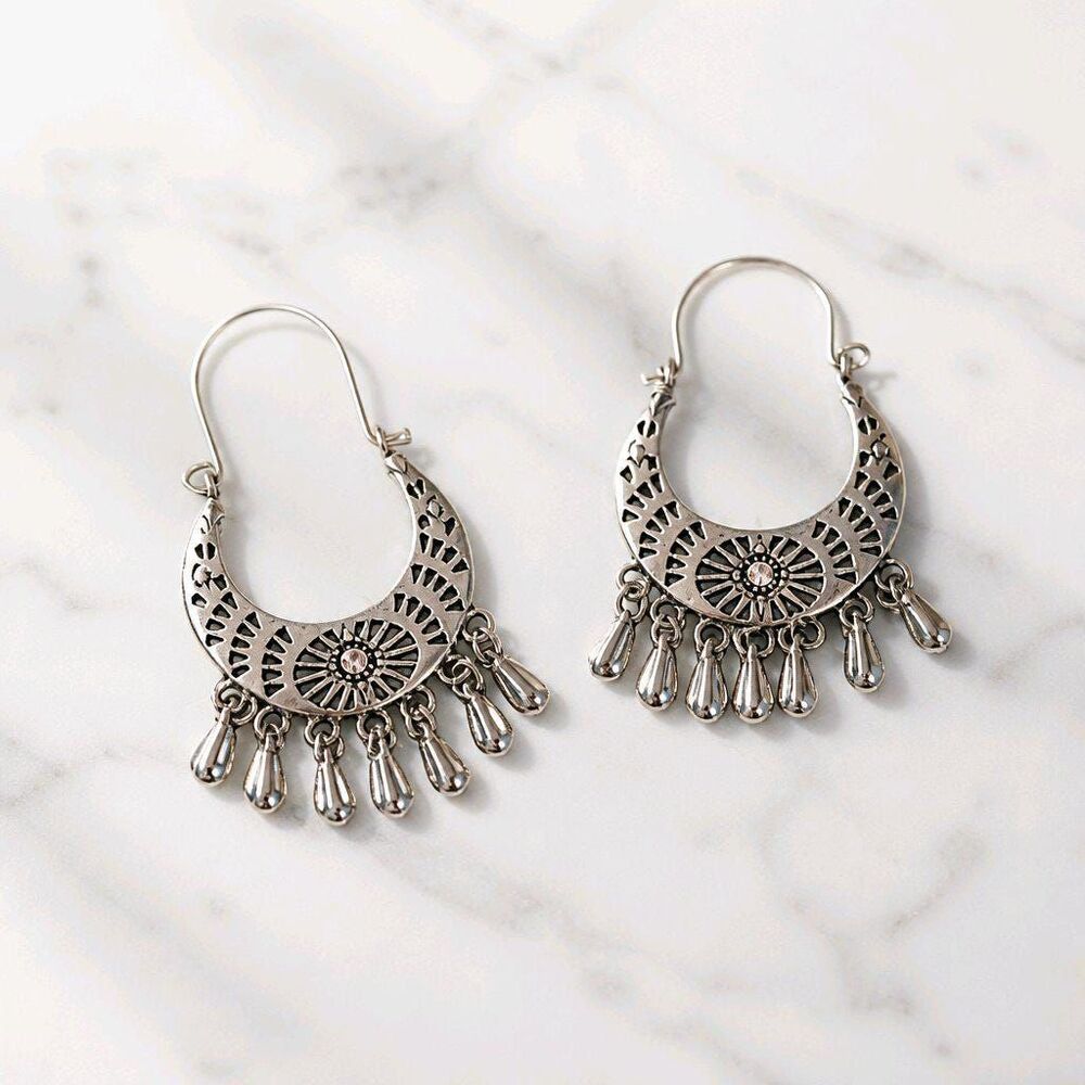 Southwest Aurora Borealis Star Silver Moon Shape Beaded Tassels Earrings